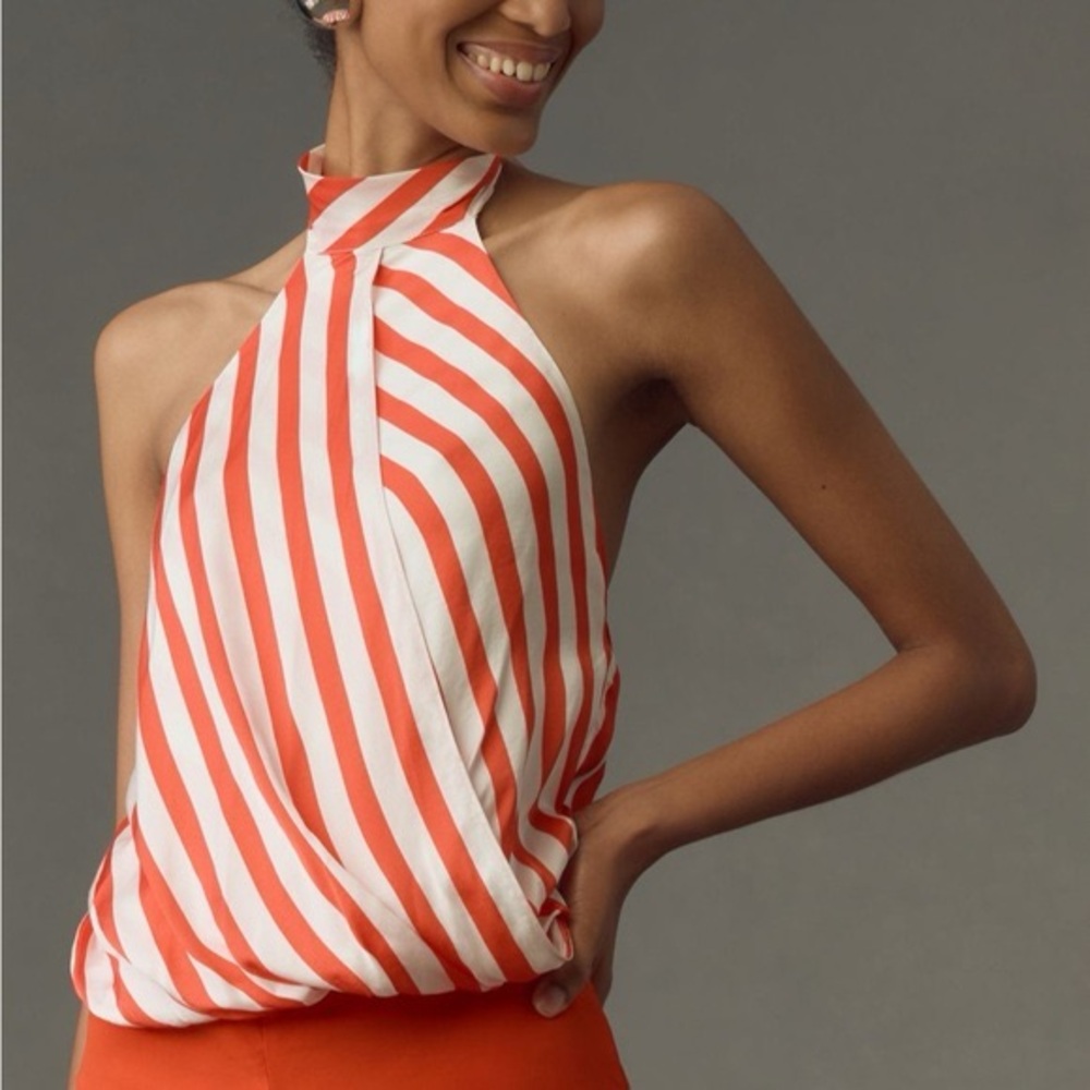 NWT ANTHROPOLOGIE Maeve Halter Scarf Bubble-Hem Tank Candy Cane LARGE